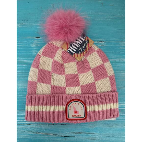 Home Free Beanie Idaho Pink / White Checkered Winter Hat - Picture 1 of 3